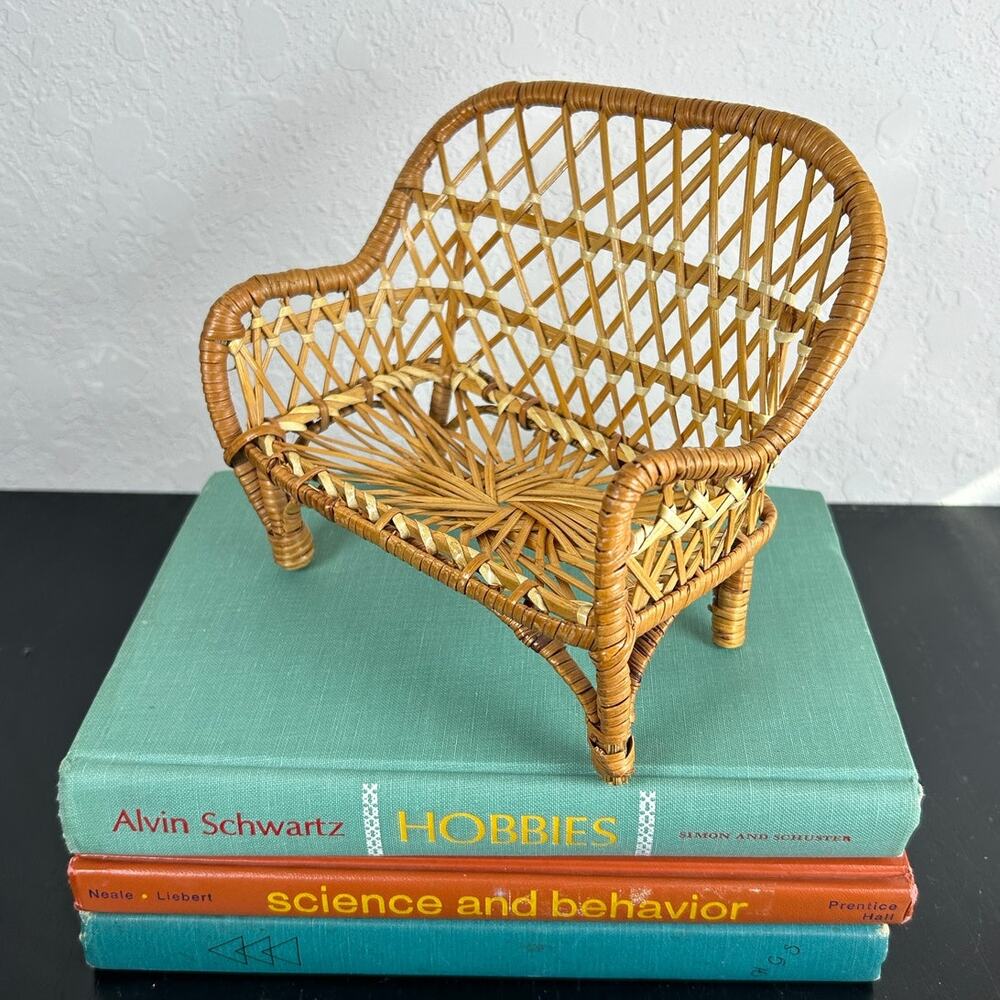 Woven Rattan Mini display Chair tan trinket display leg damage- 6.5x6" some wear